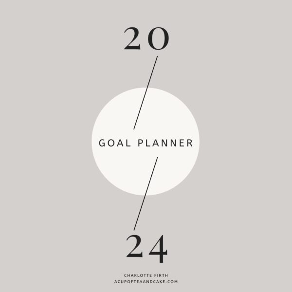 A beige square with a cream circle in the middle with the words 'Goal Planner' in them. The year 2024 is also written in black text across this.