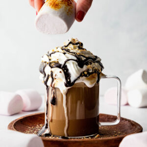 A glass mug of marshmallow iced coffee with a mountain of whipped cream, chocolate sauce and crushed digestive biscuit drizzling down the side. A hand is about to place a toasted marshmallow on top.
