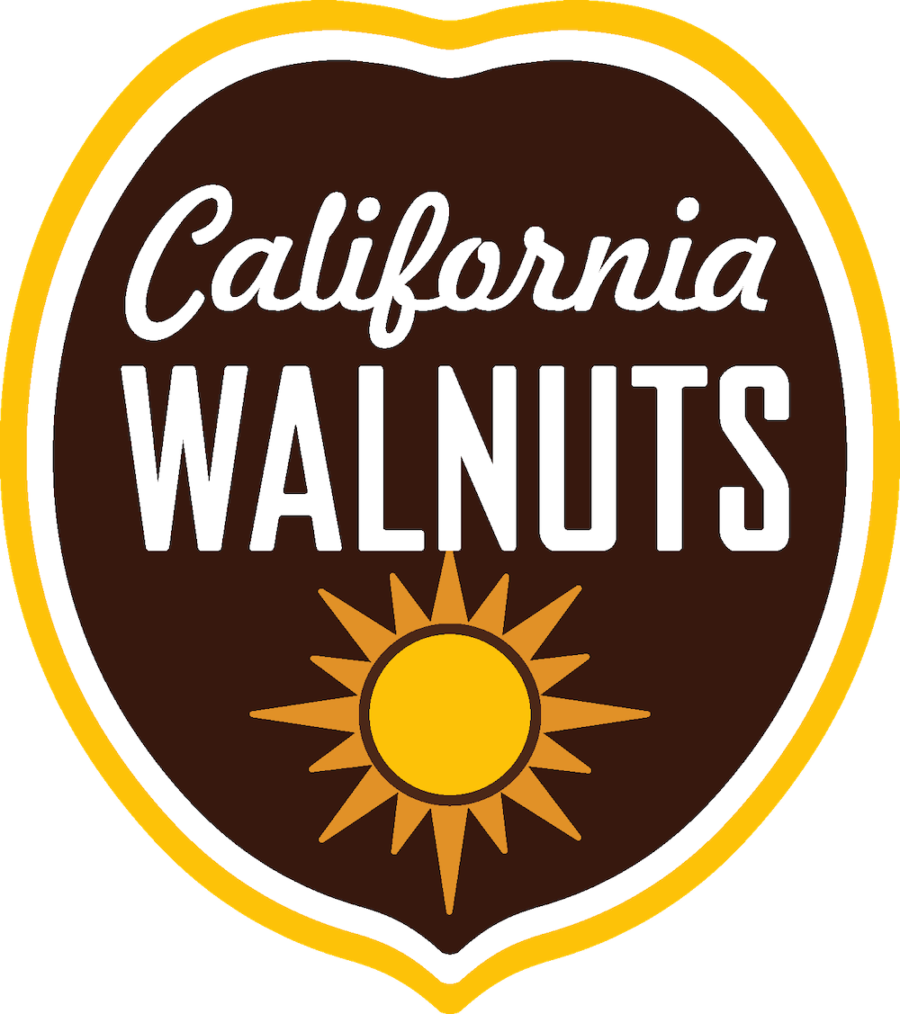 Work with me: California Walnuts logo - a brown walnut shaped image with a yellow outline and a sun with California Walnuts written across the middle