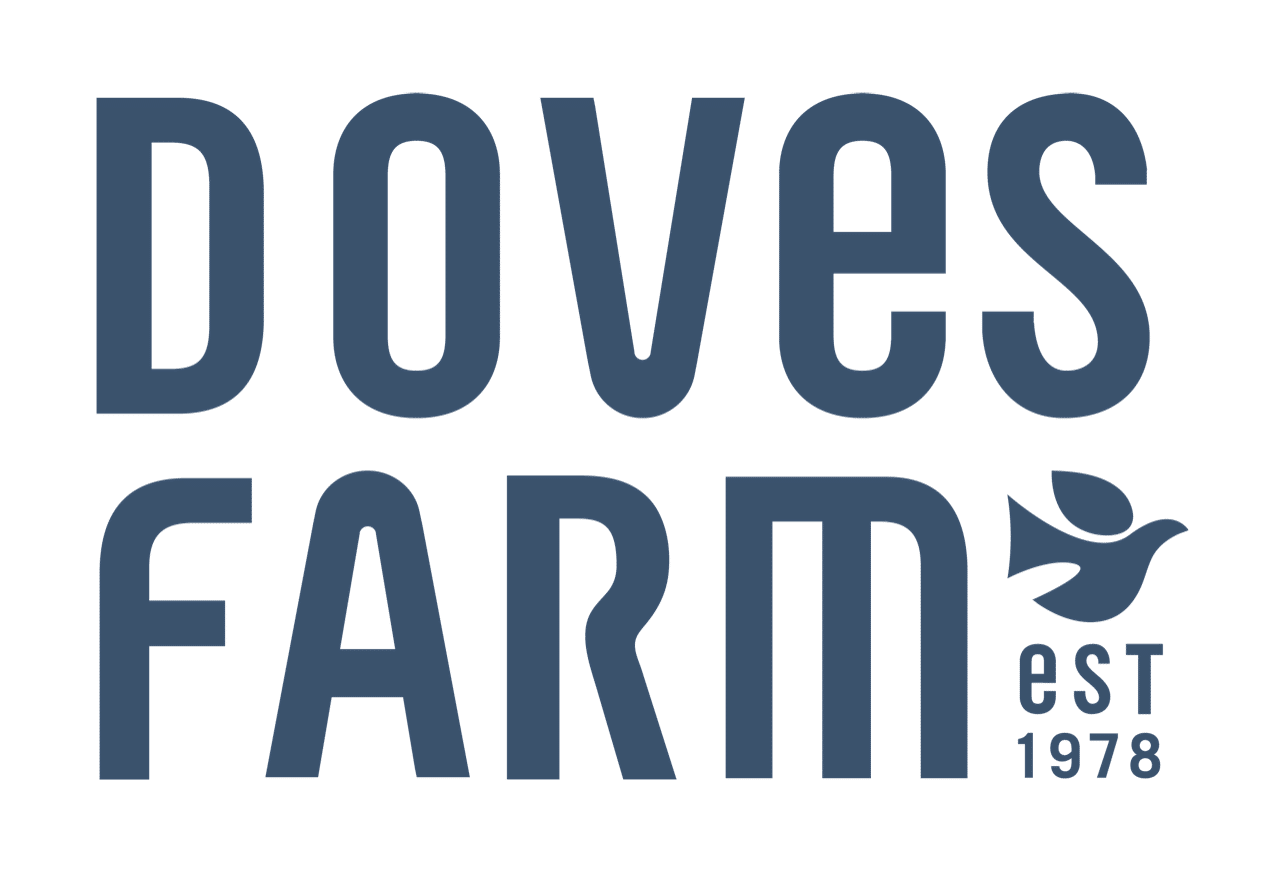 Doves Farm logo in a teal colour with a bird