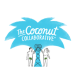 A blue palm tree with The Coconut Collaborative written on it and a man and a woman picking coconuts from it