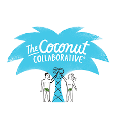 Work with me: A blue palm tree with The Coconut Collaborative written on it and a man and a woman picking coconuts from it