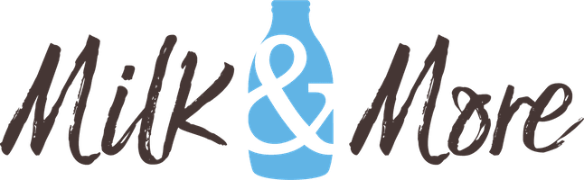 Milk & More logo with blue milk bottle in the middle and a white ampersand inside it